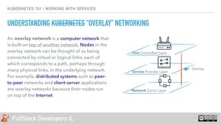 FullStack Developers IL
KUBERNETES 101 | WORKING WITH SERVICES
UNDERSTANDING KUBERNETES “OVERLAY” NETWORKING
An overlay network is a computer network that
is built on top of another network. Nodes in the
overlay network can be thought of as being
connected by virtual or logical links, each of
which corresponds to a path, perhaps through
many physical links, in the underlying network.
For example, distributed systems such as peer-
to-peer networks and client-server applications
are overlay networks because their nodes run
on top of the Internet.
Network Carier Layer
Service Provider Layer
User Controlled Layer
Overlay
 