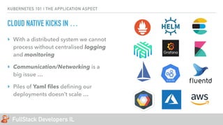 FullStack Developers IL
KUBERNETES 101 | THE APPLICATION ASPECT
CLOUD NATIVE KICKS IN …
‣ With a distributed system we cannot
process without centralised logging
and monitoring
‣ Communication/Networking is a
big issue …
‣ Piles of Yaml ﬁles deﬁning our
deployments doesn’t scale …
 