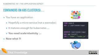 Tikal Knowledge
KUBERNETES 101 | THE APPLICATION ASPECT
CONTAINERS ON K8S CLUSTER(S)…
▸ You have an application
▸ Hopefully a micro service (not a wannabe)
▸ It matures enough for kubernetes …
▸ You need scale/elasticity …
▸ Now what ?!
 