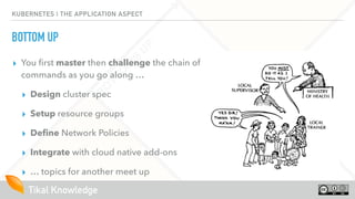 Tikal Knowledge
KUBERNETES | THE APPLICATION ASPECT
BOTTOM UP
▸ You ﬁrst master then challenge the chain of
commands as you go along …
▸ Design cluster spec
▸ Setup resource groups
▸ Deﬁne Network Policies
▸ Integrate with cloud native add-ons
▸ … topics for another meet up
 
