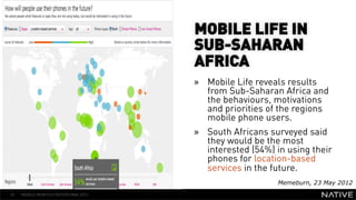 MOBILE LIFE IN
                                      SUB-SAHARAN
                                      AFRICA
   INSERT IMAGE IN                    »  Mobile Life reveals results
                                         from Sub-Saharan Africa and
     BACKGROUND                          the behaviours, motivations
MAKE SURE IT FILLS THIS                  and priorities of the regions
                                         mobile phone users.
      SPACE 100%                      »  South Africans surveyed said
                                         they would be the most
                                         interested (54%) in using their
                                         phones for location-based
                                         services in the future.
                                                          Memeburn, 23 May 2012
25   MOBILE MONTHLY REPORT/MAY 2012
 