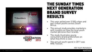 THE SUNDAY TIMES
                                      NEXT GENERATION
                                      BRAND SURVEY
                                      RESULTS
   INSERT IMAGE IN                    »  This year polled over 5 500 urban and
                                         peri-urban youths across South
     BACKGROUND                          Africa.
                                      »  The annual study provides marketers
MAKE SURE IT FILLS THIS                  with insights on how the local youth
                                         market perceive their brands.
      SPACE 100%                      »  The study illustrates young
                                         consumers brand preferences on
                                         what they think is cool.
                                      »  The annual youth spend in 2011 was
                                         R98.7 billion.
                                                                 HDI Youth Marketeers
33   MOBILE MONTHLY REPORT/MAY 2012
 