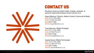 CONTACT US
                                      Should you have any mobile insight, strategy, campaign or
                                      solutions requirements please contact any one of us.

                                      Angus Robinson | Director: Mobile, Content, Community & Media
                                      [tel] +27 (11) 555-3800

   INSERT IMAGE IN                    [cell] +27 (83) 635 4400
                                      [fax] 0867210884

     BACKGROUND
                                      [email] angus@native.co.za

                       Tracy Aberman | Mobile Strategist
MAKE SURE IT FILLS THIS[tel] +27 (11) 555-3800
                       [cell] +27 (82) 754 6111
      SPACE 100%       [fax] 0867210884
                       [email] tracya@native.co.za

                                      Vuyisile Sisulu | Mobile Technologist
                                      [tel] +27 (11) 555-3800
                                      [cell] +27 (82) 679 5415
                                       [fax] 0867210884
                                      [email] vuyilisle@native.co.za

60   MOBILE MONTHLY REPORT/MAY 2012
 
