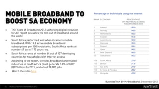 MOBILE BROADBAND TO
 BOOST SA ECONOMY
 »     The ‘State of Broadband 2012: Achieving Digital Inclusion
       for All’ rep...