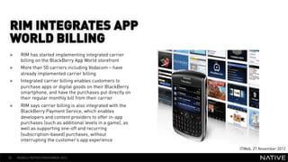 RIM INTEGRATES APP
 WORLD BILLING
 »     RIM has started implementing integrated carrier
       billing on the BlackBerry ...