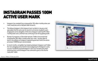 INSTAGRAM PASSES 100M
    ACTIVE USER MARK
    »     Instagram has revealed it has surpassedthe 100 million monthly active...