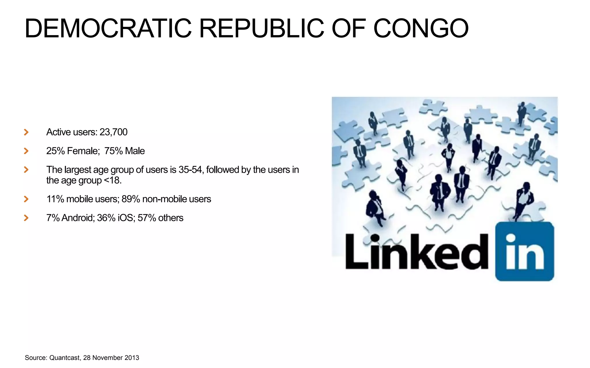 DEMOCRATIC REPUBLIC OF CONGO

Active users: 23,700
25% Female; 75% Male
The largest age group of users is 35-54, followed by the users in
the age group <18.
11% mobile users; 89% non-mobile users
7% Android; 36% iOS; 57% others

Source: Quantcast, 28 November 2013

 