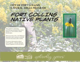 CITY OF FORT COLLINS
        NATURAL AREAS PROGRAM


        FORT COLLINS
        NATIVE PLANTS
Your guide to selecting,
purchasing and planting native
plants in Fort Collins urban
landscapes.

Discover easy-care, cost-effective
beautiful native plants available
at local and mail order outlets.

For more information about
native plants, call the Natural
Areas Program at 970-416-2815.
 