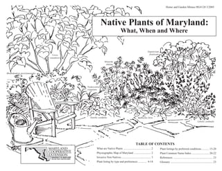 Home and Garden Mimeo HG#120 3/2005




                                                           Native Plants of Maryland:
                                                                                What, When and Where


                                                                                                                Eupatorium
                                 Cercis                                                                          fistulosum
                               canadensis
                                                              Monarda
                                                               didyma



Rhododendron periclymenoides




                                            Tradescantia
                                            virginiana




                                              Tiarella cordifolia                                   Rudbeckia hirta
                                                                                                                                                                             Lobelia cardinalis




                                                                                                  TABLE OF CONTENTS
                                                     What are Native Plants ....................................... 2         Plant listings by preferred conditions .......... 15-20
                                                     Physiographic Map of Maryland ........................ 2                 Plant Common Name Index ......................... 20-22
                                                     Invasive Non Natives .......................................... 3        References ........................................................ 23
                                                     Plant listing by type and preferences ............ 4-14                  Glossary ............................................................ 23
 