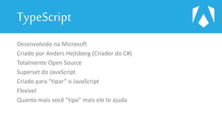 TypeScript
Desenvolvido na Microsoft
Criado por Anders Hejlsberg (Criador do C#)
Totalmente Open Source
Superset do JavaScript
Criado para “tipar” o JavaScript
Flexível
Quanto mais você “tipa” mais ele te ajuda
 