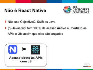 Globalcode – Open4education
Não é React Native
Não usa ObjectiveC, Swift ou Java
{n} Javascript tem 100% de acesso nativo e imediato às
APIs e UIs assim que elas são lançadas
Acesso direto às APIs
com JS
!=
 
