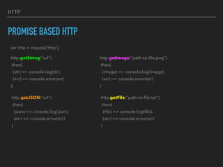 HTTP
PROMISE BASED HTTP
var http = require('http');
http.getString(“url”)
.then(
(str) => console.log(str),
(err) => console.error(err)
);
http.getJSON(“url")
.then(
(json) => console.log(json),
(err) => console.error(err)
)
http.getImage(“path-to-ﬁle.png“)
.then(
(image) => console.log(image),
(err) => console.error(err)
)
http.getFile(“path-to-ﬁle.txt“)
.then(
(ﬁle) => console.log(ﬁle),
(err) => console.error(err)
)
 