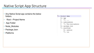 Native Script App Structure
• Any Native Script app contains the below
folders
• Root – Project Name
• App Folder
• Node_Modules
• Package.Json
• Platforms
 