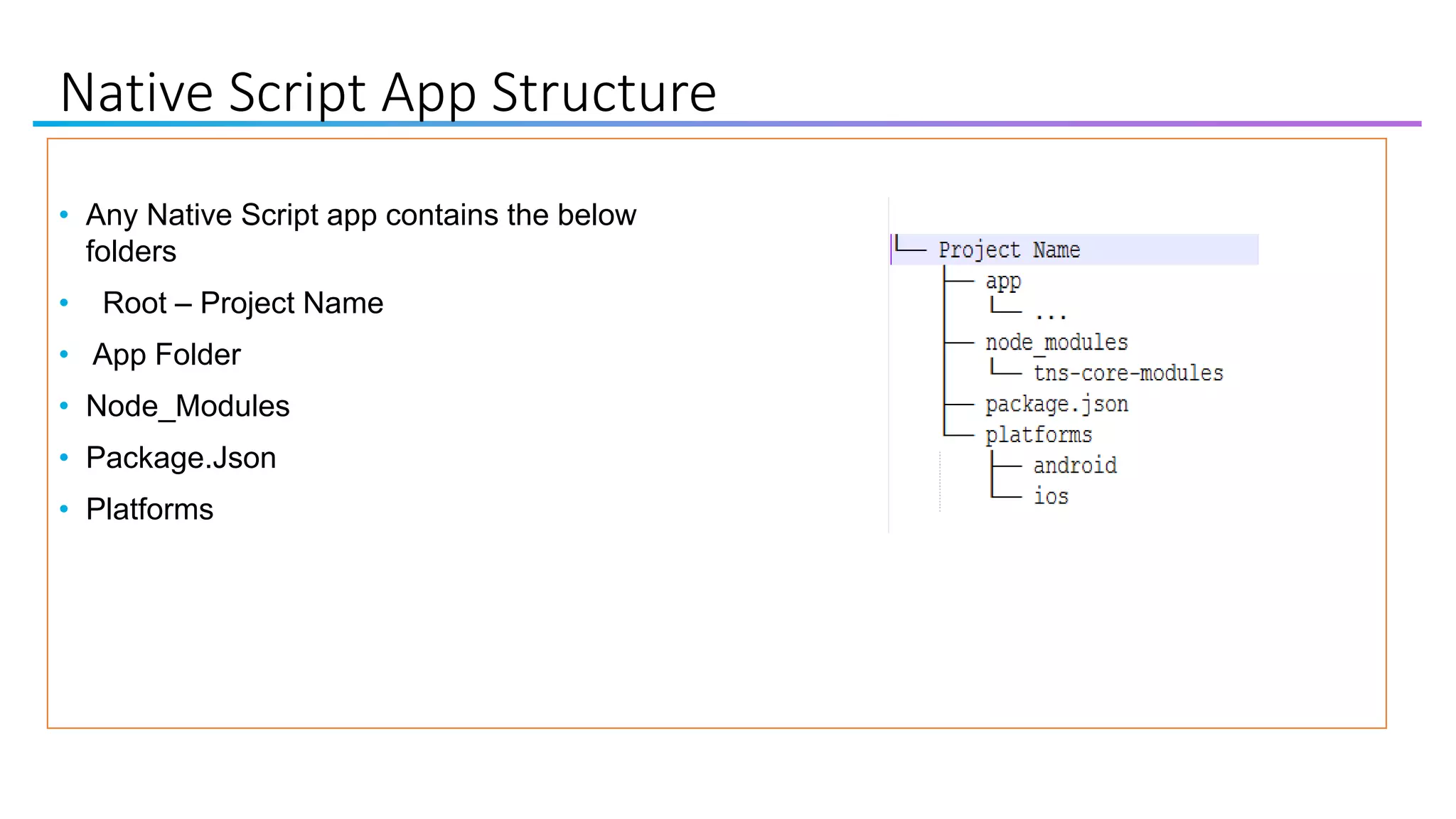 Native Script App Structure
• Any Native Script app contains the below
folders
• Root – Project Name
• App Folder
• Node_Modules
• Package.Json
• Platforms
 