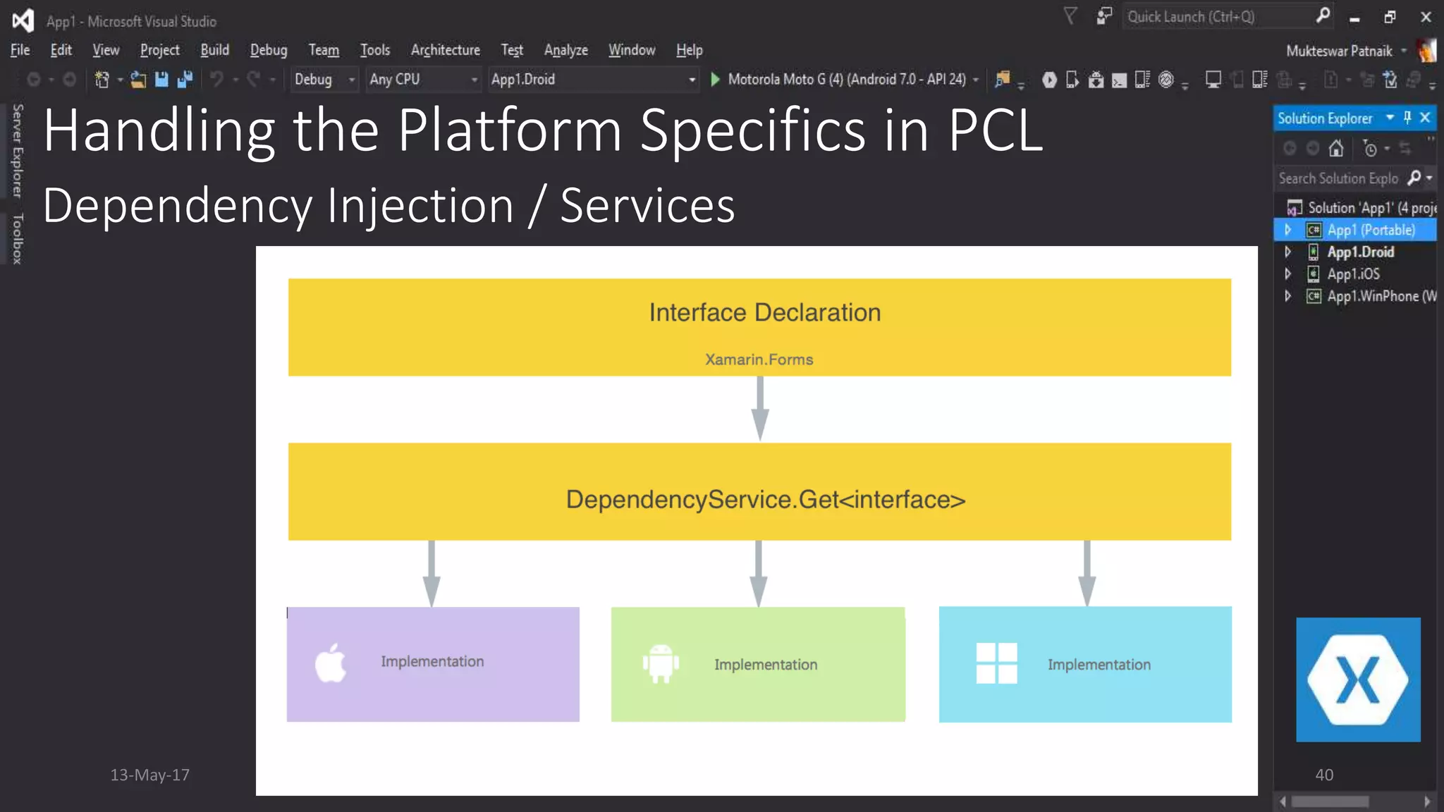 Handling the Platform Specifics in PCL
Dependency Injection / Services
13-May-17 40
 