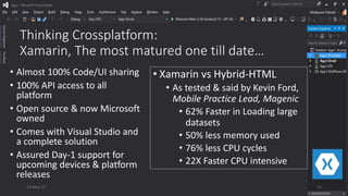 Thinking Crossplatform:
Xamarin, The most matured one till date…
• Almost 100% Code/UI sharing
• 100% API access to all
platform
• Open source & now Microsoft
owned
• Comes with Visual Studio and
a complete solution
• Assured Day-1 support for
upcoming devices & platform
releases
13-May-17 11
• Xamarin vs Hybrid-HTML
• As tested & said by Kevin Ford,
Mobile Practice Lead, Magenic
• 62% Faster in Loading large
datasets
• 50% less memory used
• 76% less CPU cycles
• 22X Faster CPU intensive
 