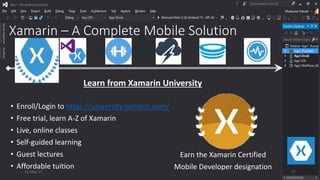 Xamarin – A Complete Mobile Solution
• Enroll/Login to https://university.xamarin.com/
• Free trial, learn A-Z of Xamarin
• Live, online classes
• Self-guided learning
• Guest lectures
• Affordable tuition
Learn from Xamarin University
Earn the Xamarin Certified
Mobile Developer designation13-May-17 17
 