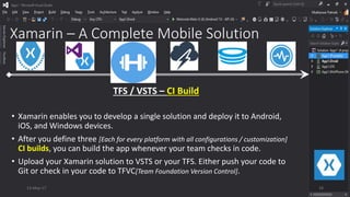 Xamarin – A Complete Mobile Solution
• Xamarin enables you to develop a single solution and deploy it to Android,
iOS, and Windows devices.
• After you define three [Each for every platform with all configurations / customization]
CI builds, you can build the app whenever your team checks in code.
• Upload your Xamarin solution to VSTS or your TFS. Either push your code to
Git or check in your code to TFVC[Team Foundation Version Control].
TFS / VSTS – CI Build
13-May-17 19
 