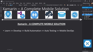 Xamarin – A Complete Mobile Solution
• Learn >> Develop >> Build Automation >> Auto Testing >> Mobile DevOps
Xamarin - A COMPLETE MOBILE SOLUTION
13-May-17 22
 