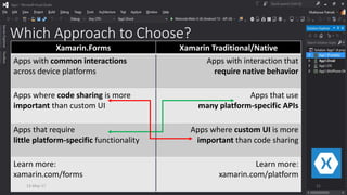 Which Approach to Choose?
Xamarin.Forms Xamarin Traditional/Native
Apps with common interactions
across device platforms
Apps with interaction that
require native behavior
Apps where code sharing is more
important than custom UI
Apps that use
many platform-specific APIs
Apps that require
little platform-specific functionality
Apps where custom UI is more
important than code sharing
Learn more:
xamarin.com/forms
Learn more:
xamarin.com/platform
13-May-17 31
 