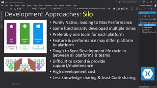Development Approaches: Silo
• Purely Native, leading to Max Performance
• Same functionality developed multiple times
• Preferably one team for each platform
• Feature & performance may differ platform
to platform
• Tough to Sync Development life cycle in
between all platforms & teams
• Difficult to extend & provide
support/maintenance
• High development cost
• Less knowledge sharing & least Code sharing
13-May-17 7
 