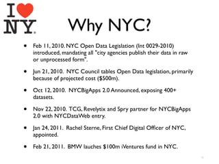 Why NYC?
•   Feb 11, 2010. NYC Open Data Legislation (Int 0029-2010)
    introduced, mandating all "city agencies publish their data in raw
    or unprocessed form".

•   Jun 21, 2010. NYC Council tables Open Data legislation, primarily
    because of projected cost ($500m).

•   Oct 12, 2010. NYCBigApps 2.0 Announced, exposing 400+
    datasets.

•   Nov 22, 2010. TCG, Revelytix and Spry partner for NYCBigApps
    2.0 with NYCDataWeb entry.

•   Jan 24, 2011. Rachel Sterne, First Chief Digital Ofﬁcer of NYC,
    appointed.

•   Feb 21, 2011. BMW lauches $100m iVentures fund in NYC.
                                                                         13
 