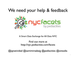 We need your help & feedback




         A Smart Data Exchange for All Data NYC

                  Find out more at
          http://nyc.pediacities.com/facets

@jqnatividad @samimirzabaig @pediacities @ontodia
                                                    41
 