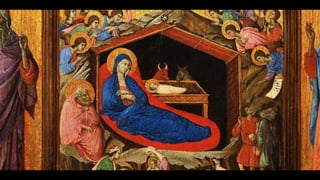 a rather ramshackle wooden stable,
the Virgin is kneeling, her hands held out in a gesture of adoration,
the Christ Child ...