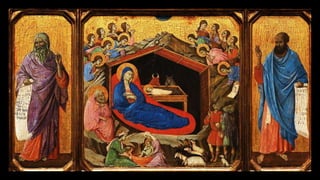 the Nativity in a traditional, though especially intimate, manner …
the Virgin kneels humbly as she gazes at the Christ Ch...
