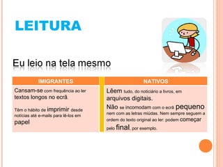 LEITURA IMIGRANTES NATIVOS Cansam-se  com frequência ao ler  textos longos no ecrã . Têm o hábito de  imprimir  desde notícias até e-mails para lê-los em  papel Lêem  tudo, do noticiário a livros, em  arquivos digitais. Não  se  incomodam  com o ecrã   pequeno  nem com as letras miúdas. Nem sempre seguem a ordem do texto original ao ler: podem  começar  pelo  final , por exemplo. 