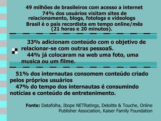 49 milhões de brasileiros com acesso a internet 74% dos usuários visitam sites de relacionamento, blogs, fotologs e videologs Brasil é o país recordista em tempo online/mês (21 horas e 20 minutos). 33% adicionam conteúdo com o objetivo de relacionar-se com outras pessoaS. 44% já colocaram na web uma foto, uma musica ou um filme. 51% dos internautas consomem conteúdo criado pelos próprios usuários 47% do tempo dos internautas é consumindo notícias e conteúdo de entretenimento. Fonte:  Datafolha, Ibope  NETRatings, Deloitte & Touche, Online Publisher Association, Kaiser Family Foundation 
