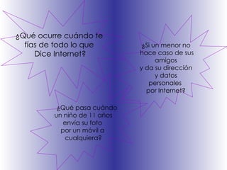 ¿Qué ocurre cuándo te  fías de todo lo que  Dice   Internet? ¿Qué pasa cuándo un niño  de 11 años  envía su foto  por un móvil a  cualquiera? ¿Si un menor no hace   caso de sus amigos  y da su dirección y datos  personales  por Internet? 