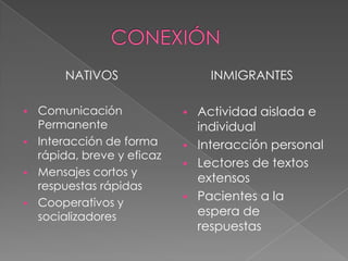 NATIVOS
 Comunicación
Permanente
 Interacción de forma
rápida, breve y eficaz
 Mensajes cortos y
respuestas rápidas
 Cooperativos y
socializadores
INMIGRANTES
 Actividad aislada e
individual
 Interacción personal
 Lectores de textos
extensos
 Pacientes a la
espera de
respuestas
 