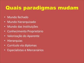 Quais paradigmas mudamMundo fechadoMundo hierarquizadoMundo das InstituiçõesConhecimento ProprietárioValorização do AparenteHierarquiasCurrículo via diplomasEspecialistas e Mercenários