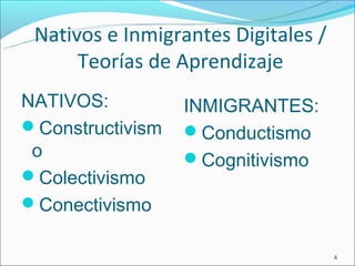 Nativos e Inmigrantes Digitales /
      Teorías de Aprendizaje
NATIVOS:          INMIGRANTES:
Constructivism   Conductismo
 o                Cognitivismo
Colectivismo
Conectivismo

                                     4
 