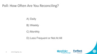 27 2015 © AppFolio, Inc..
Poll: How Often Are You Reconciling?
A) Daily
B) Weekly
C) Monthly
D) Less Frequent or Not At All
 