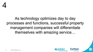 35 2015 © AppFolio, Inc..
4
As technology optimizes day to day
processes and functions, successful property
management companies will differentiate
themselves with amazing service…
 