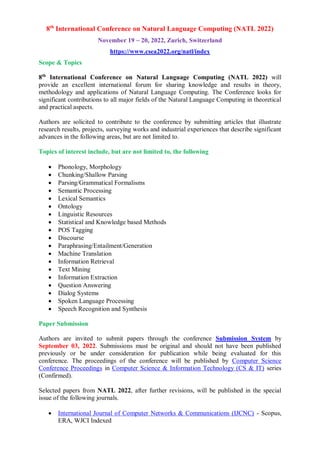 8th International Conference on Natural Language Computing (NATL 2022)