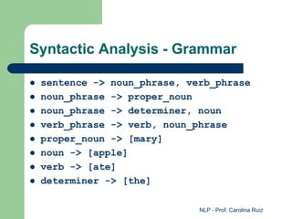 NLP - Prof. Carolina Ruiz
Syntactic Analysis - Grammar
 sentence -> noun_phrase, verb_phrase
 noun_phrase -> proper_noun
 noun_phrase -> determiner, noun
 verb_phrase -> verb, noun_phrase
 proper_noun -> [mary]
 noun -> [apple]
 verb -> [ate]
 determiner -> [the]
 