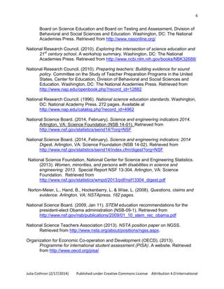6

Board on Science Education and Board on Testing and Assessment, Division of
Behavioral and Social Sciences and Education. Washington, DC: The National
Academies Press. Retrieved from http://www.nasonline.org/
National Research Council. (2010). Exploring the intersection of science education and
21st century school. A workshop summary. Washington, DC: The National
Academies Press. Retrieved from http://www.ncbi.nlm.nih.gov/books/NBK32688/
National Research Council. (2010). Preparing teachers: Building evidence for sound
policy. Committee on the Study of Teacher Preparation Programs in the United
States, Center for Education, Division of Behavioral and Social Sciences and
Education. Washington, DC: The National Academies Press. Retrieved from
http://www.nap.edu/openbook.php?record_id=12882
National Research Council. (1996). National science education standards. Washington,
DC: National Academy Press. 272 pages. Available at
http://www.nap.edu/catalog.php?record_id=4962
National Science Board. (2014, February). Science and engineering indicators 2014.
Arlington, VA: Science Foundation (NSB 14-01). Retrieved from
http://www.nsf.gov/statistics/seind14/?org=NSF
National Science Board. (2014, February). Science and engineering indicators: 2014
Digest. Arlington, VA: Science Foundation (NSB 14-02). Retrieved from
http://www.nsf.gov/statistics/seind14/index.cfm/digest?org=NSF
National Science Foundation, National Center for Science and Engineering Statistics.
(2013). Women, minorities, and persons with disabilities in science and
engineering: 2013. Special Report NSF 13-304. Arlington, VA: Science
Foundation. Retrieved from
http://www.nsf.gov/statistics/wmpd/2013/pdf/nsf13304_digest.pdf
Norton-Meier, L., Hand, B., Hockenberry, L. & Wise, L. (2008). Questions, claims and
evidence. Arlington, VA; NSTApress. 182 pages.
National Science Board. (2009, Jan 11). STEM education recommendations for the
president-elect Obama administration (NSB-09-1). Retrieved from
http://www.nsf.gov/nsb/publications/2009/01_10_stem_rec_obama.pdf
National Science Teachers Association (2013). NSTA position paper on NGSS.
Retrieved from http://www.nsta.org/about/positions/ngss.aspx.
Organization for Economic Co-operation and Development (OECD). (2013).
Programme for international student assessment (PISA). A website. Retrieved
from http://www.oecd.org/pisa/

Julia Cothron (2/17/2014)

Published under Creative Commons License Attribution 4.0 International

 