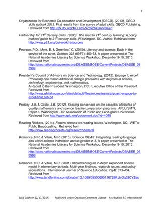 7

Organization for Economic Co-operation and Development (OECD). (2013). OECD
skills outlook 2013: First results from the survey of adult skills, OECD Publishing.
Retrieved from http://dx.doi.org/10.1787/9789264204256-en
Partnership for 21st Century Skills. (2003). The road to 21st century learning: A policy
makers’ guide to 21st century skills. Washington, DC: Author. Retrieved from
http://www.p21.org/our-work/resources
Pearson, P.D., Moje, E. & Greenleaf, C. (2010). Literacy and science: Each in the
service of the other. Science 328 (5977): 459-63. A paper presented at The
National Academies Literacy for Science Workshop, December 9-10, 2013.
Retrieved from
http://sites.nationalacademies.org/DBASSE/BOSE/CurrentProjects/DBASSE_08
3999.
President’s Council of Advisors on Science and Technology. (2012). Engage to excel:
Producing one million additional college graduates with degrees in science,
technology, engineering, and mathematics.
A Report to the President. Washington, DC: Executive Office of the President.
Retrieved from
http://www.whitehouse.gov/sites/default/files/microsites/ostp/pcast-engage-toexcel-final_feb.pd
Presley, J.B. & Coble, J.B. (2012). Seeking consensus on the essential attributes of
quality mathematics and science teacher preparation programs. APLU/SMTI,
Paper 6. Washington, DC: Association of Public and Land-grant Universities.
Retrieved from http://www.aplu.org/document.doc?id=4098
Reading Rockets. (2014). Federal reports on reading issues. Washington, DC: WETA
Public Broadcasting. Retrieved from
http://www.readingrockets.org/research/federal
Romance, N.R. & Vitale, M.R. (2013). Science IDEAS: Integrating reading/language
arts within science instruction across grades K-5. A paper presented at The
National Academies Literacy for Science Workshop, December 9-10, 2013.
Retrieved from
http://sites.nationalacademies.org/DBASSE/BOSE/CurrentProjects/DBASSE_08
3999.
Romance, N.R. & Vitale, M.R. (2001). Implementing an in-depth expanded science
model in elementary schools: Multi-year findings, research issues, and policy
implications. International Journal of Science Education, 23(4): 373-404.
Retrieved from
http://www.tandfonline.com/doi/abs/10.1080/09500690116738#.UvOq52CYZes

Julia Cothron (2/17/2014)

Published under Creative Commons License Attribution 4.0 International

 