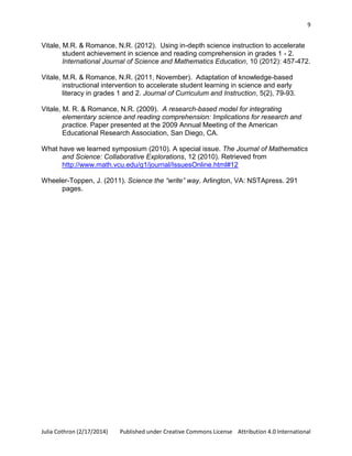 9

Vitale, M.R. & Romance, N.R. (2012). Using in-depth science instruction to accelerate
student achievement in science and reading comprehension in grades 1 - 2.
International Journal of Science and Mathematics Education, 10 (2012): 457-472.
Vitale, M.R. & Romance, N.R. (2011, November). Adaptation of knowledge-based
instructional intervention to accelerate student learning in science and early
literacy in grades 1 and 2. Journal of Curriculum and Instruction, 5(2), 79-93.
Vitale, M. R. & Romance, N.R. (2009). A research-based model for integrating
elementary science and reading comprehension: Implications for research and
practice. Paper presented at the 2009 Annual Meeting of the American
Educational Research Association, San Diego, CA.
What have we learned symposium (2010). A special issue. The Journal of Mathematics
and Science: Collaborative Explorations, 12 (2010). Retrieved from
http://www.math.vcu.edu/g1/journal/IssuesOnline.html#12
Wheeler-Toppen, J. (2011). Science the “write” way. Arlington, VA: NSTApress. 291
pages.

Julia Cothron (2/17/2014)

Published under Creative Commons License Attribution 4.0 International

 