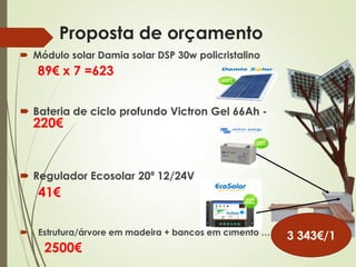 Proposta de orçamento
 Módulo solar Damia solar DSP 30w policristalino
89€ x 7 =623
 Bateria de ciclo profundo Victron Gel 66Ah -
220€
 Regulador Ecosolar 20ª 12/24V
41€
 Estrutura/árvore em madeira + bancos em cimento …
2500€
3 343€/1
 