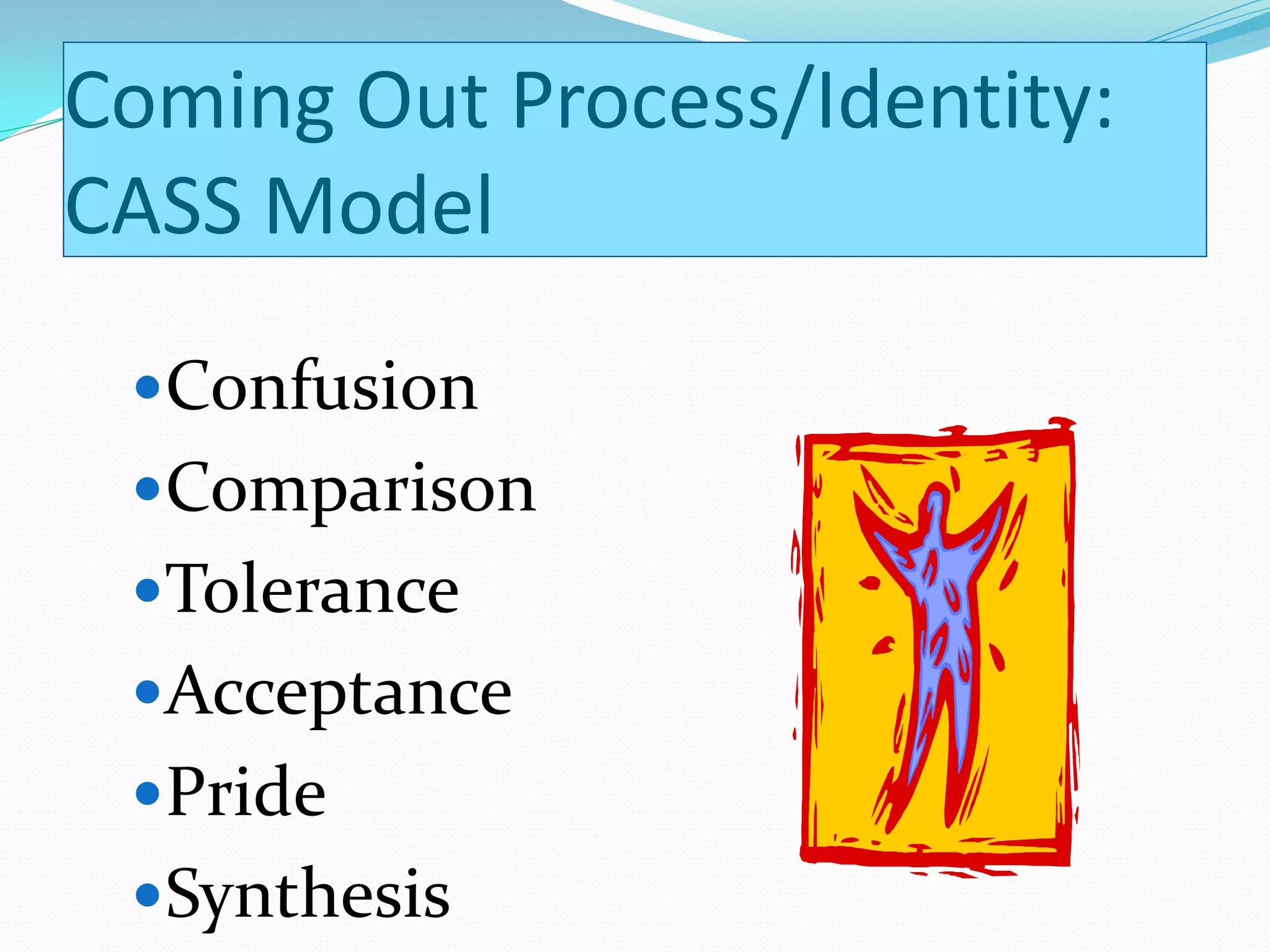Coming Out Process/Identity:
CASS Model
 Confusion
 Comparison
 Tolerance
 Acceptance
 Pride
 Synthesis
 
