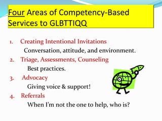 Four Areas of Competency-Based
Services to GLBTTIQQ
1. Creating Intentional Invitations
    Conversation, attitude, and environment.
2. Triage, Assessments, Counseling
     Best practices.
3. Advocacy
     Giving voice & support!
4. Referrals
     When I’m not the one to help, who is?
 