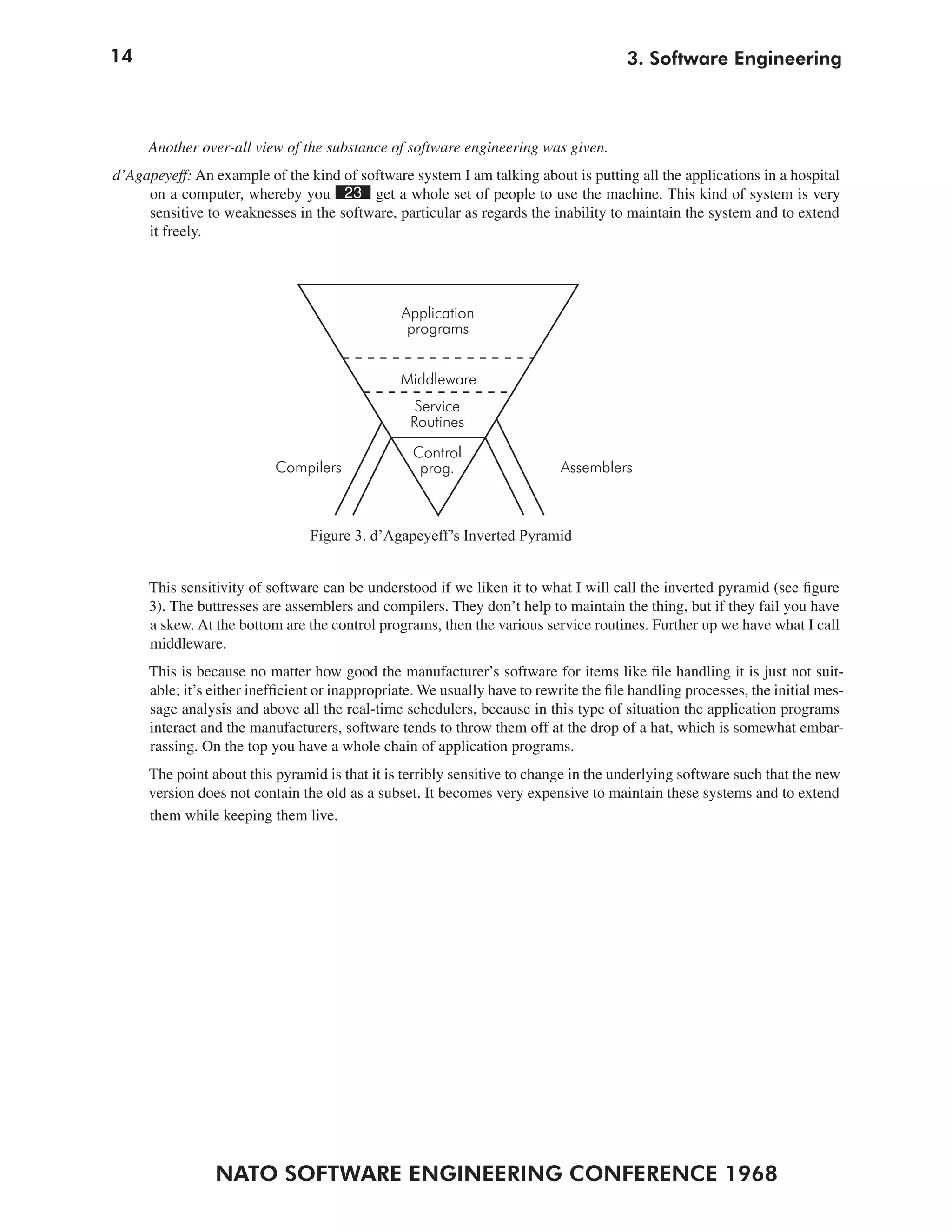 14                                                                                     3. Software Engineering



     Another over-all view of the substance of software engineering was given.
d’Agapeyeff: An example of the kind of software system I am talking about is putting all the applications in a hospital
     on a computer, whereby you 23 get a whole set of people to use the machine. This kind of system is very
     sensitive to weaknesses in the software, particular as regards the inability to maintain the system and to extend
     it freely.




                                                Application
                                                 programs


                                                Middleware
                                                   Service
                                                  Routines
                                                  Control
                          Compilers                prog.                    Assemblers



                                Figure 3. d’Agapeyeff’s Inverted Pyramid


     This sensitivity of software can be understood if we liken it to what I will call the inverted pyramid (see figure
     3). The buttresses are assemblers and compilers. They don’t help to maintain the thing, but if they fail you have
     a skew. At the bottom are the control programs, then the various service routines. Further up we have what I call
     middleware.
     This is because no matter how good the manufacturer’s software for items like file handling it is just not suit-
     able; it’s either inefficient or inappropriate. We usually have to rewrite the file handling processes, the initial mes-
     sage analysis and above all the real-time schedulers, because in this type of situation the application programs
     interact and the manufacturers, software tends to throw them off at the drop of a hat, which is somewhat embar-
     rassing. On the top you have a whole chain of application programs.
     The point about this pyramid is that it is terribly sensitive to change in the underlying software such that the new
     version does not contain the old as a subset. It becomes very expensive to maintain these systems and to extend
     them while keeping them live.




                NATO SOFTWARE ENGINEERING CONFERENCE 1968
 