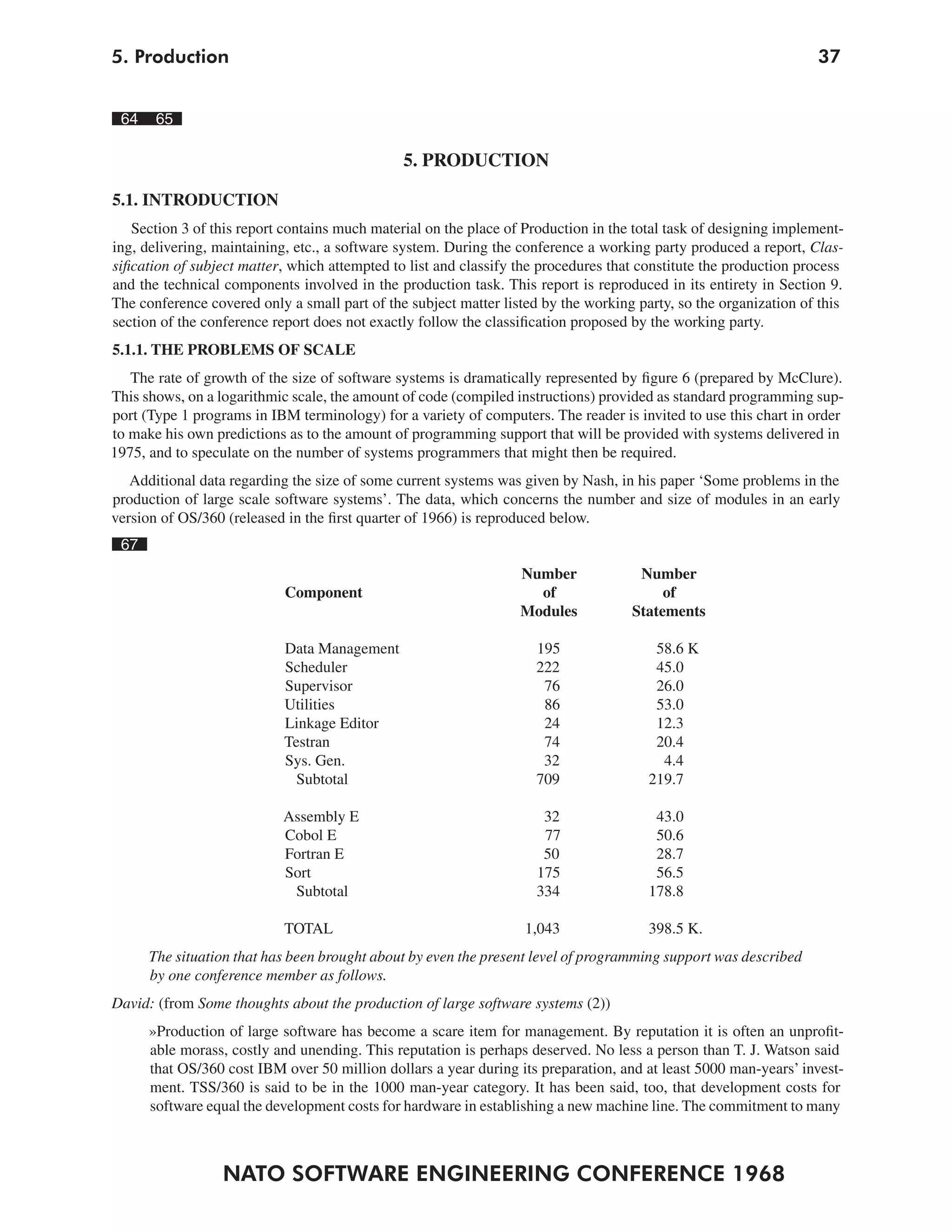 5. Production                                                                                                      37


 64    65

                                               5. PRODUCTION

5.1. INTRODUCTION
    Section 3 of this report contains much material on the place of Production in the total task of designing implement-
ing, delivering, maintaining, etc., a software system. During the conference a working party produced a report, Clas-
sification of subject matter, which attempted to list and classify the procedures that constitute the production process
and the technical components involved in the production task. This report is reproduced in its entirety in Section 9.
The conference covered only a small part of the subject matter listed by the working party, so the organization of this
section of the conference report does not exactly follow the classification proposed by the working party.
5.1.1. THE PROBLEMS OF SCALE
   The rate of growth of the size of software systems is dramatically represented by figure 6 (prepared by McClure).
This shows, on a logarithmic scale, the amount of code (compiled instructions) provided as standard programming sup-
port (Type 1 programs in IBM terminology) for a variety of computers. The reader is invited to use this chart in order
to make his own predictions as to the amount of programming support that will be provided with systems delivered in
1975, and to speculate on the number of systems programmers that might then be required.
   Additional data regarding the size of some current systems was given by Nash, in his paper ‘Some problems in the
production of large scale software systems’. The data, which concerns the number and size of modules in an early
version of OS/360 (released in the first quarter of 1966) is reproduced below.
 67
                                                                  Number              Number
                            Component                               of                    of
                                                                  Modules            Statements

                            Data Management                          195                 58.6 K
                            Scheduler                                222                 45.0
                            Supervisor                                76                 26.0
                            Utilities                                 86                 53.0
                            Linkage Editor                            24                 12.3
                            Testran                                   74                 20.4
                            Sys. Gen.                                 32                  4.4
                              Subtotal                               709                219.7

                            Assembly E                                32                 43.0
                            Cobol E                                   77                 50.6
                            Fortran E                                 50                 28.7
                            Sort                                     175                 56.5
                             Subtotal                                334                178.8

                            TOTAL                                  1,043                398.5 K.
      The situation that has been brought about by even the present level of programming support was described
      by one conference member as follows.
David: (from Some thoughts about the production of large software systems (2))
      »Production of large software has become a scare item for management. By reputation it is often an unprofit-
      able morass, costly and unending. This reputation is perhaps deserved. No less a person than T. J. Watson said
      that OS/360 cost IBM over 50 million dollars a year during its preparation, and at least 5000 man-years’ invest-
      ment. TSS/360 is said to be in the 1000 man-year category. It has been said, too, that development costs for
      software equal the development costs for hardware in establishing a new machine line. The commitment to many



                  NATO SOFTWARE ENGINEERING CONFERENCE 1968
 