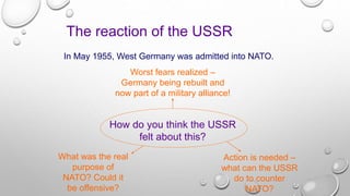 The reaction of the USSR
In May 1955, West Germany was admitted into NATO.
Worst fears realized –
Germany being rebuilt and
now part of a military alliance!
What was the real
purpose of
NATO? Could it
be offensive?
Action is needed –
what can the USSR
do to counter
NATO?
How do you think the USSR
felt about this?
 