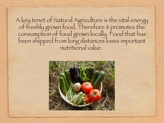 A key tenet of Natural Agriculture is the vital energy of freshly grown food. Therefore it promotes the consumption of food grown locally. Food that has been shipped from long distances loses important nutritional value.  