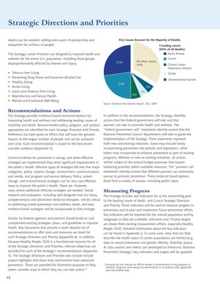 Strategic Directions and Priorities

deaths can be avoided, adding extra years of productivity and                           Five Causes Account for the Majority of Deaths
enjoyment for millions of people.                                                                                               5 leading causes
                                                                                                                                (66% of all deaths):
The Strategy’s seven Priorities are designed to improve health and                                                                    Heart disease
wellness for the entire U.S. population, including those groups                                                                       Cancer
                                                                                      27%                All other causes
disproportionately affected by disease and injury.                                                       34%                          Chronic lower
                                                                                                                                      respiratory disease
•    Tobacco Free Living                                                                                                              Stroke
•    Preventing Drug Abuse and Excessive Alcohol Use
                                                                                                                                      Unintentional injuries
•    Healthy Eating
                                                                                        23%
•    Active Living                                                                                                5%
•    Injury and Violence Free Living                                                                         5%
•    Reproductive and Sexual Health                                                                  6%

•    Mental and Emotional Well-Being
                                                                          Source: National Vital Statistics Report, CDC, 2008


Recommendations and Actions
The Strategy provides evidence-based recommendations for                  In addition to the recommendations, the Strategy identifies
                                                                                                         All other causes
improving health and wellness and addressing leading causes of            actions that the Federal government will take and that
disability and death. Recommended policy, program, and systems            partners can take to promote health and wellness. The
approaches are identified for each Strategic Direction and Priority.      “Federal government will” statements identify actions that the
Preference has been given to efforts that will have the greatest          National Prevention Council departments will take to guide the
impact on the largest number of people and can be sustained               implementation of the Strategy. These statements represent
over time. Each recommendation is based on the best recent                both new and existing initiatives. Some may include newly
scientific evidence (Appendix 5).                                         incorporating prevention into policies and regulations, while
                                                                          others may incorporate or enhance prevention as part of existing
Current evidence for prevention is strong, and when effective             programs. Whether in new or existing initiatives, all actions
strategies are implemented they drive significant improvement in          will be subject to the annual budget processes that require
the public’s health. Effective types of strategies fall into five major   balancing priorities within available resources. The “partners can”
categories: policy, systems change, environment, communications           statements identify actions that different partners can voluntarily
and media, and program and service delivery. Policy, system               pursue to promote prevention. These evidence-based options
change, and environmental strategies can be very cost-effective           draw from a variety of sources, including public input.
ways to improve the public’s health. There are, however,
areas where additional effective strategies are needed. Future            Measuring Progress
research and evaluation, including well designed trials for many          The Strategy includes key indicators for a) the overarching goal,
complementary and alternative medicine therapies, will be critical        b) the leading causes of death, and c) each Strategic Direction
to addressing unmet prevention and wellness needs, and new                and Priority. These indicators will be used to measure progress in
evidence-based strategies will be incorporated as they emerge.            prevention and to plan and implement future prevention efforts.
                                                                          Key indicators will be reported for the overall population and by
Actions by Federal agencies and partners should build on and              subgroups as data are available. Indicators and 10-year targets
complement existing strategies, plans, and guidelines to improve          are drawn from existing measurement efforts, especially Healthy
health. Key documents that provide a more detailed set of                 People 2020. Detailed information about the key indicators
recommendations or offer tools and resources are listed for               can be found in Appendix 2. In some cases, data that can help
each Strategic Direction and Priority (Appendix 6). In addition,          describe the health status of certain populations are limited (e.g.,
because Healthy People 2020 is a foundational resource for all            data on sexual orientation and gender identity, disability status).
of the Strategic Directions and Priorities, relevant objectives are       As data sources and metrics are developed or enhanced, National
provided for each of the Strategy’s recommendations (Appendix             Prevention Strategy’s key indicators and targets will be updated.
5). The Strategic Directions and Priorities also include include
project highlights that show how communities have advanced
prevention. These are provided for illustrative purposes to help          * Examples do not indicate an official review or endorsement of any program or
                                                                            initiative. Programs must always be administered in accordance with applicable
others consider ways in which they too can take action.*                    state and Federal laws.

12
 